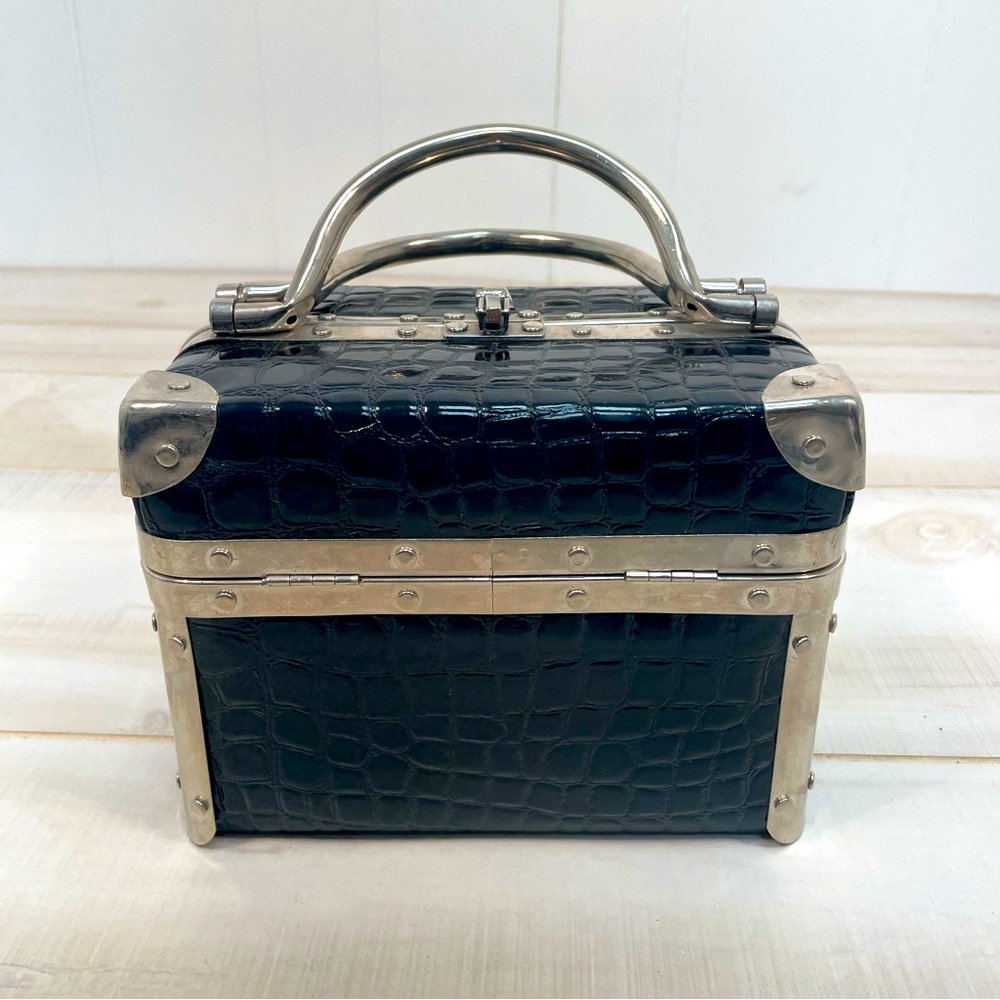 Vintage Black Faux Croc & Silver Box Purse, Hinged Top, Inside Pockets (One Zip) - Picture 4 of 8